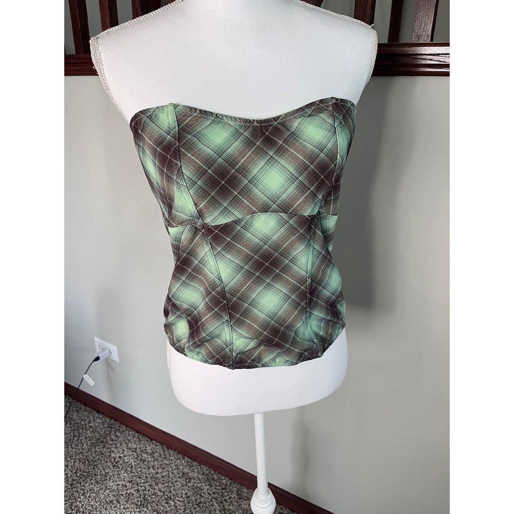 Out From Under Urban Outfitters Plaid Corset Top Green Brown Lace Up Back XL